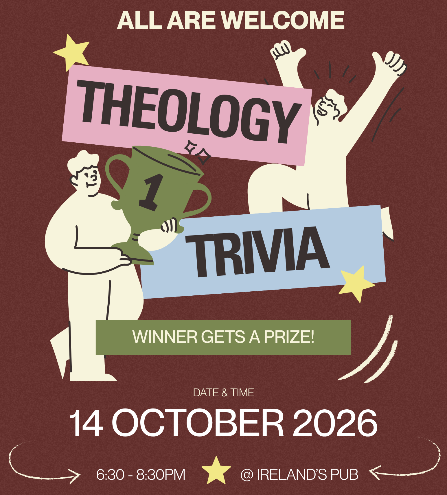 Flyer that says: Theology Trivia in Ireland's pub on October 14th from 6:30-8:30!